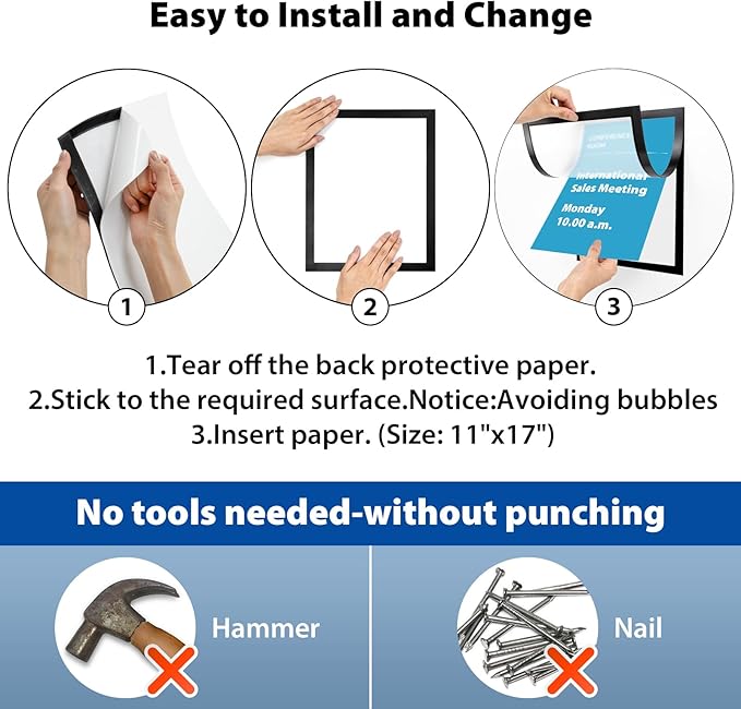 11"x 17" Self Adhesive Magnetic Sign Holder, Double Sided Window Magnetic Display Frame with Clear PVC and Strong Magnetic for Office/Store/Door/Glass/Refrigerator Display Frame(Black, 5Pack)