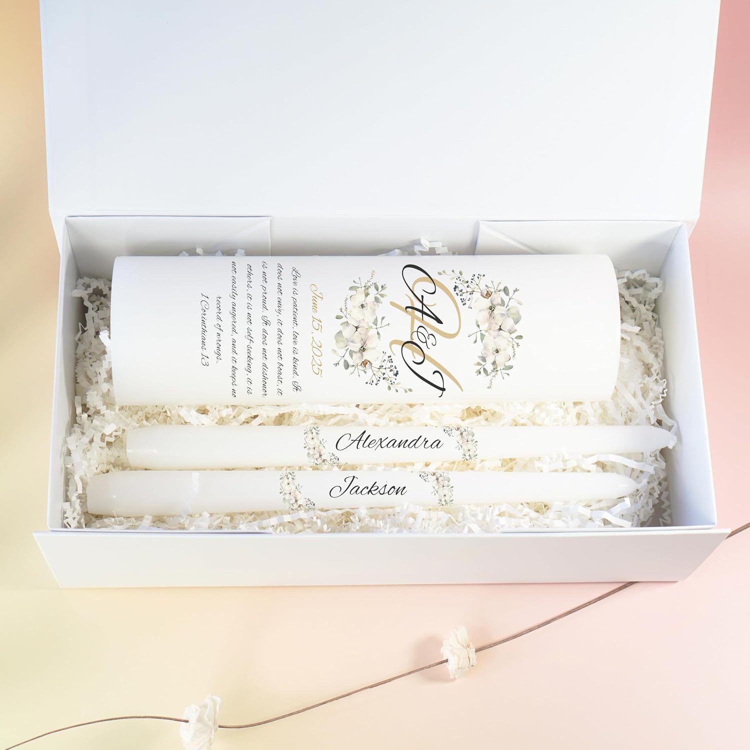 Unity Candles for Wedding, Modern Unity Set, Custom and Personalized Pillar and Taper Candles with Bible Quote, Unscented White Premium Wax, Religious and Wedding Ceremony, Special Events (Camellia)