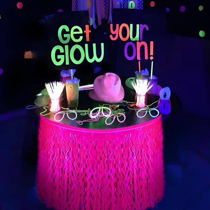 Mega-L Glow in The Dark Party Supplies, 2 Pack Neon Party Decorations Fluorescent Macaron Fuchsia Wavy Metallic Tinsel Foil Fringe Table Skirts, Perfect Table Decors for Glow Birthday Decor