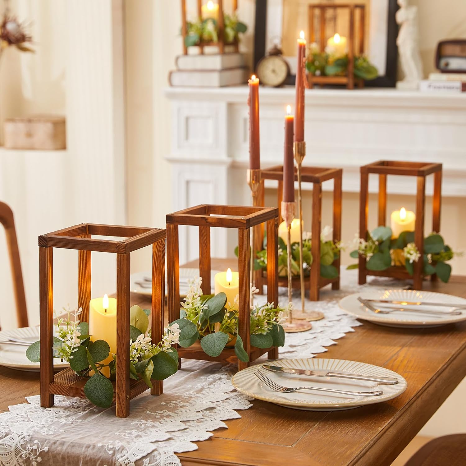 60 Pcs/20 Set Wooden Wedding Lantern Centerpiece,Wooden Centerpieces for Tables-with 20 Holders 20 Candles 20 Wreaths for Rustic Table Decoration Country Barn Wedding Party (Brown)