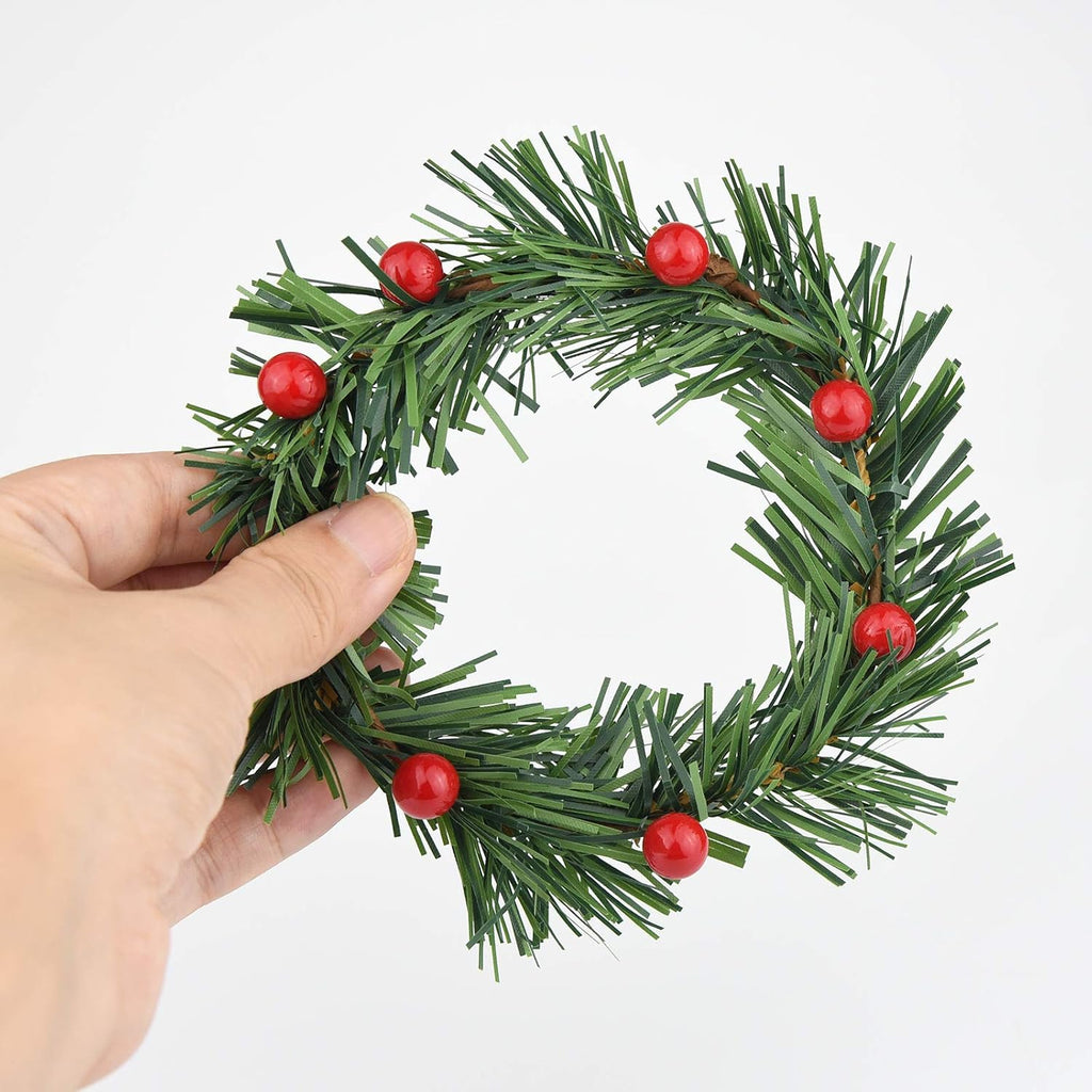 Lystaii 10pcs Christmas Candle Rings Red Artificial Berry Candle Rings with Grass Mini Christmas Wreath for Pillar Candle Christmas Holiday Table Decorations Rustic Wedding Table Centerpiece (Medium)