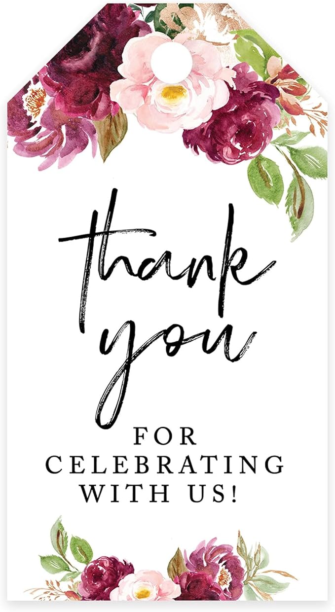 Andaz Press 100-Pack Thank You for Celebrating with Us Favor Tags Fall Burgundy Marsala Cardstock Gift Tags with Bakers Twine for Wedding Baby Shower Bridal Shower Party Favors 2 x 3.75-Inches