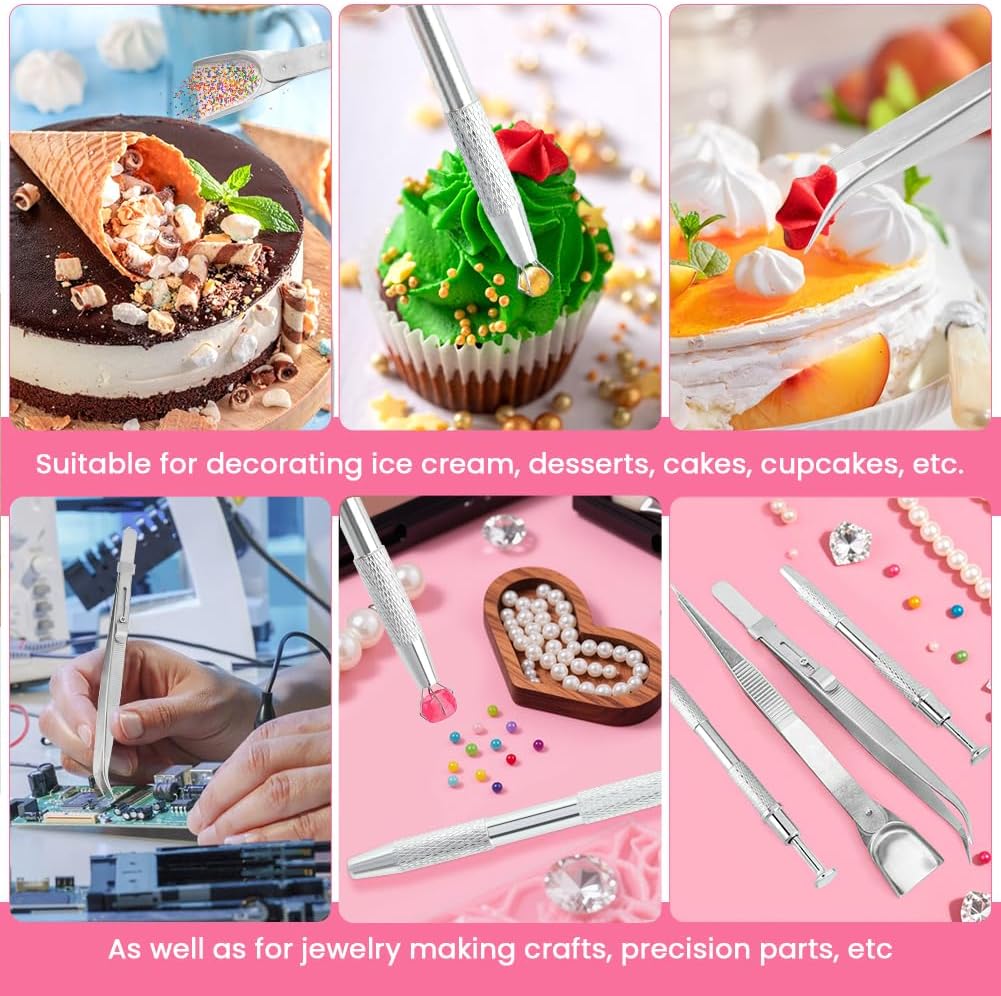 4pcs Sprinkles Tools for Cake Decorating, 4 Claw Sprinkle Pen Pearl Grabber Cakes Tweezers Pearl Sprinkle Spoon with Shovel Head Spoon for Cakes Ice Cream Baking
