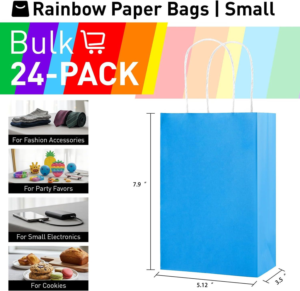 SUNCOLOR 24-Pack Rainbow Gift Bags with Handles, 8" Multi-Color Paper Party Favor Bags for Goodies. Birthdays, Events, Classrooms & Celebrations