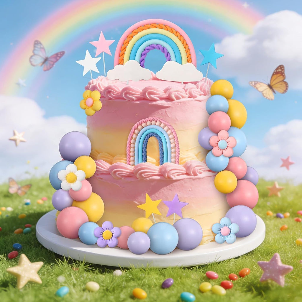 32 Pcs Rainbow Cake Topper with Flower Star Cupcake Toppers Pastel Balls Cake Topper, Boho Groovy Cake Decorations for Birthday Wedding Party