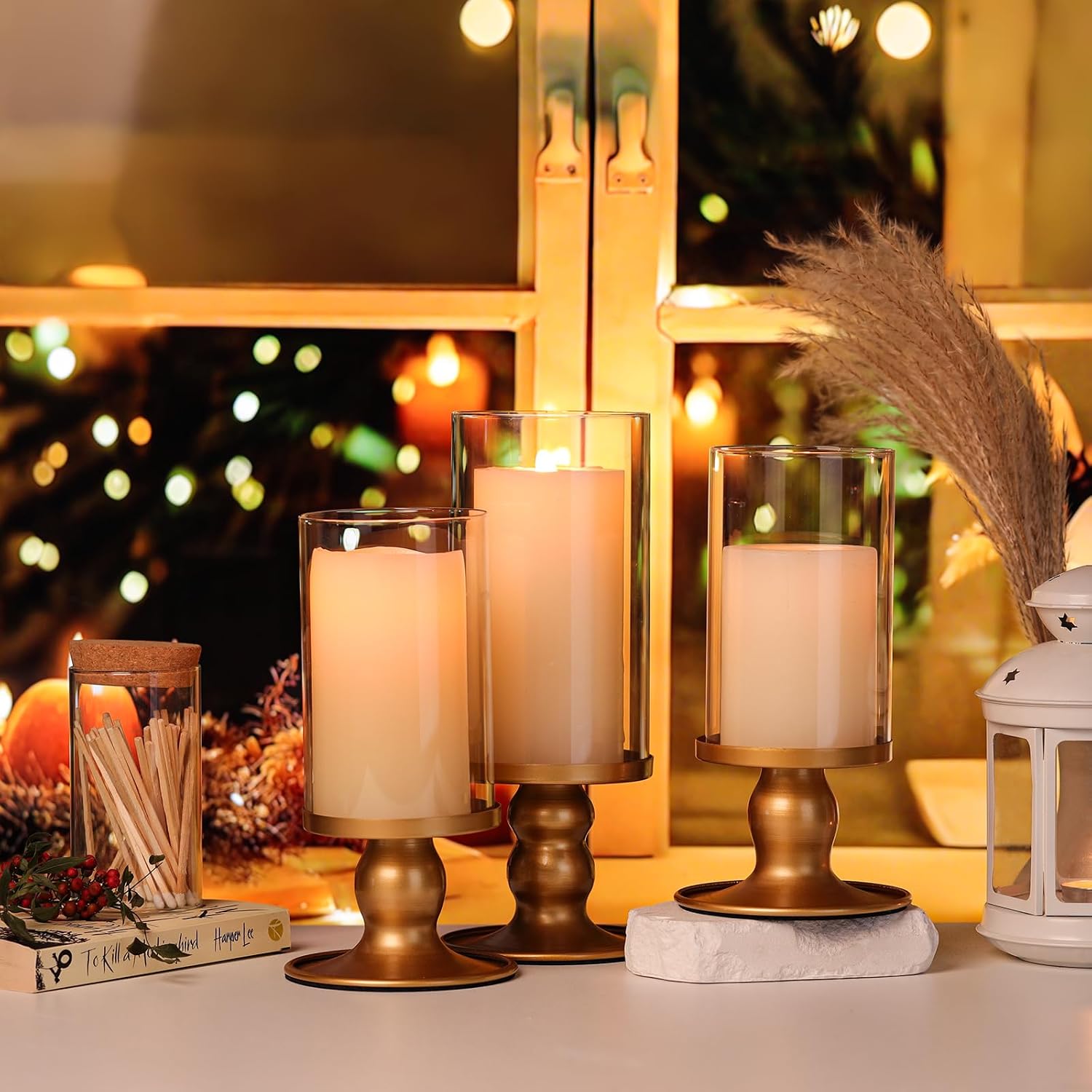 NITIME 4Pcs Hurricane Candle Holder for Pillar Candles, Gold Candle Holders with Clear Glass Sleeve for Table Centerpieces,Pillar Candle Holders for Home Decor, Wedding, Holiday and Party Decor