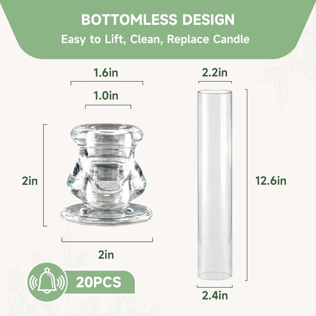 20 Pack Glass Hurricane Candle Holders 12.6" Open Ended Candlestick Holder Tubes Clear Bottomless Cylinders Suitable Taper LED Candles for Wedding Party Christmas Table Centerpiece Decor