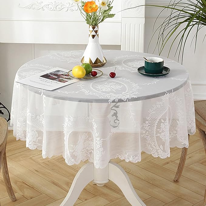 Jeloris Round Lace Tablecloth with Elegant Scalloped Bottom for Any Special Event Such as Wedding, Birthday Party, Baby Shower, Anniversary (48 inch, Style 6)