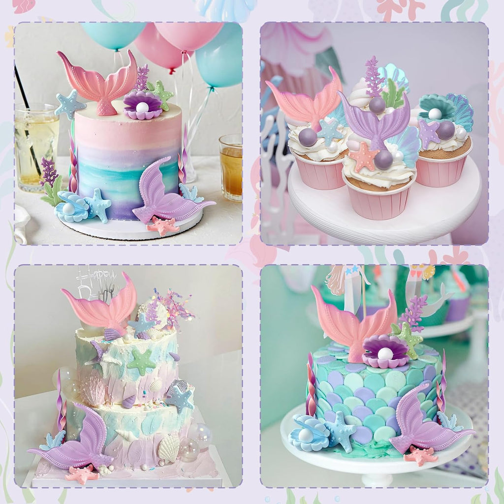 21pcs Mermaid Cake Topper - Mermaid Tail Cake Decorations with Seaweed Shells Starfish Coralal Under the Sea Cake Decorations for Birthday Party Decorations (Pink Purple)