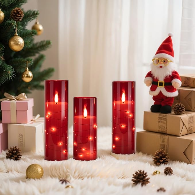 Raycare Flameless Candle with Remote Timer – 5 Flickering Acrylic Battery Operated LED Pillar Candles with Embedded Star String for Halloween, Home Decor, and as a Gift(Red)