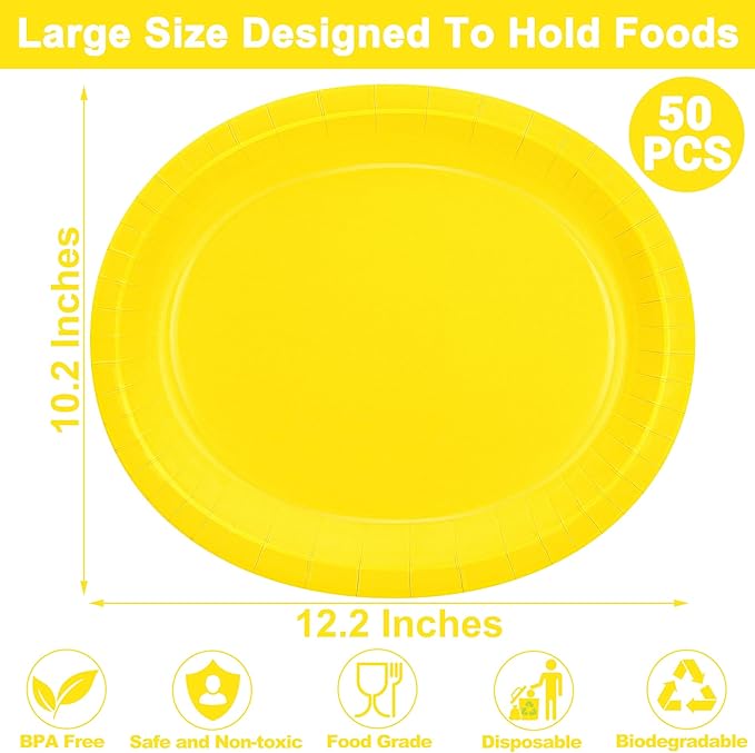 50 Pcs Party Decorations, 12.2'' X 10.2'' Oval Large Paper Plates, Yellow Disposable Paper Plates, Heavy Duty Paper Plates for Birthday Party Wedding Picnic Baby Shower Barbecue Holiday Daily Use
