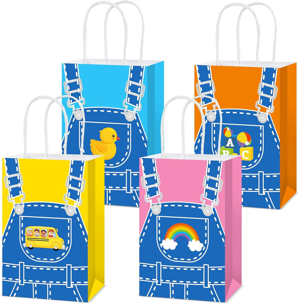 24Pcs English Teacher Party Gift Bags Cartoon Teacher Birthday Party Decorations Supplies Cartoon Girls Fans Treat Bag Rainbow ABC Bus Paper Goodie Bags with Handles for Kids Birthday Classroom Decor