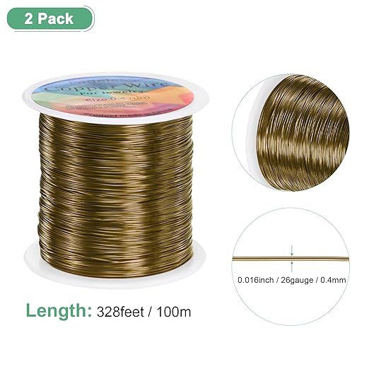 2-Rolls 0.4mm Jewelry Wire, 26 Gauge 328FT Craft Wire Copper Beading Wire for Jewelry Making/Planting/Weaving/DIY Crafting, Soft Metal Wires [100M, Bronze Tone]