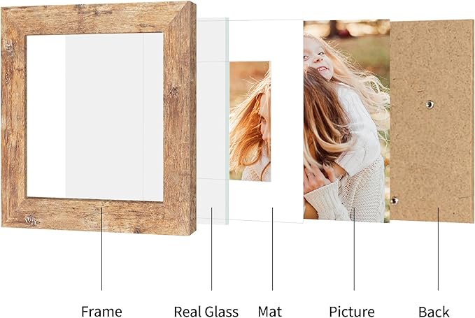 6x6 Picture Frame Set of 4 with Real Glass, Rustic Brown Frames Display 4x4 Picture with Mat or 6 x 6 Without Mat, Square Wood Photo Frame for Wall Mount and Tabletop Display