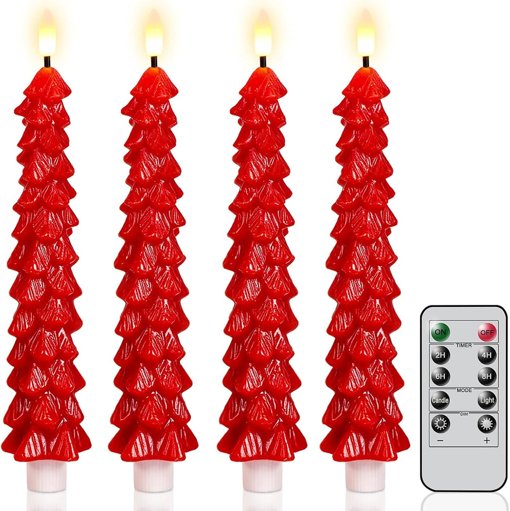 Christmas Tree Candles Battery Operated, Red Waxy Christmas Tree Flameless Taper Candles with Remote Timer, Set of 4 LED Flameless Candlesticks for Xmas Holiday Home Winter Decor(0.78”x9.8”)