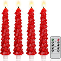 Christmas Tree Candles Battery Operated, Red Waxy Christmas Tree Flameless Taper Candles with Remote Timer, Set of 4 LED Flameless Candlesticks for Xmas Holiday Home Winter Decor(0.78”x9.8”)