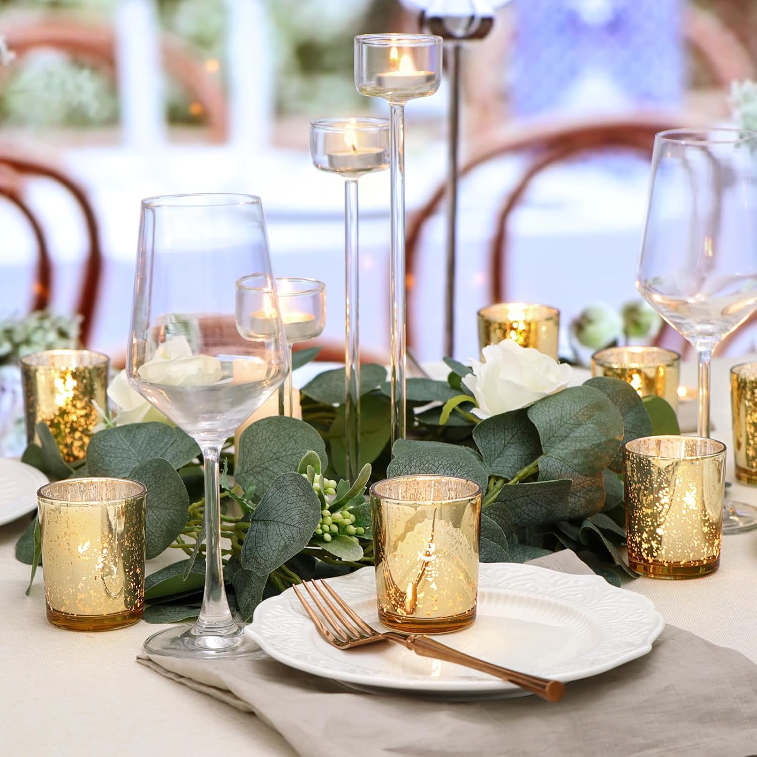 DARJEN 24 Pcs Gold Tea Lights Candles Holders for Wedding Centerpieces | Votive Candle Holders for Party Home Wedding Shower Decorations, Table - Mercury Glass Votives