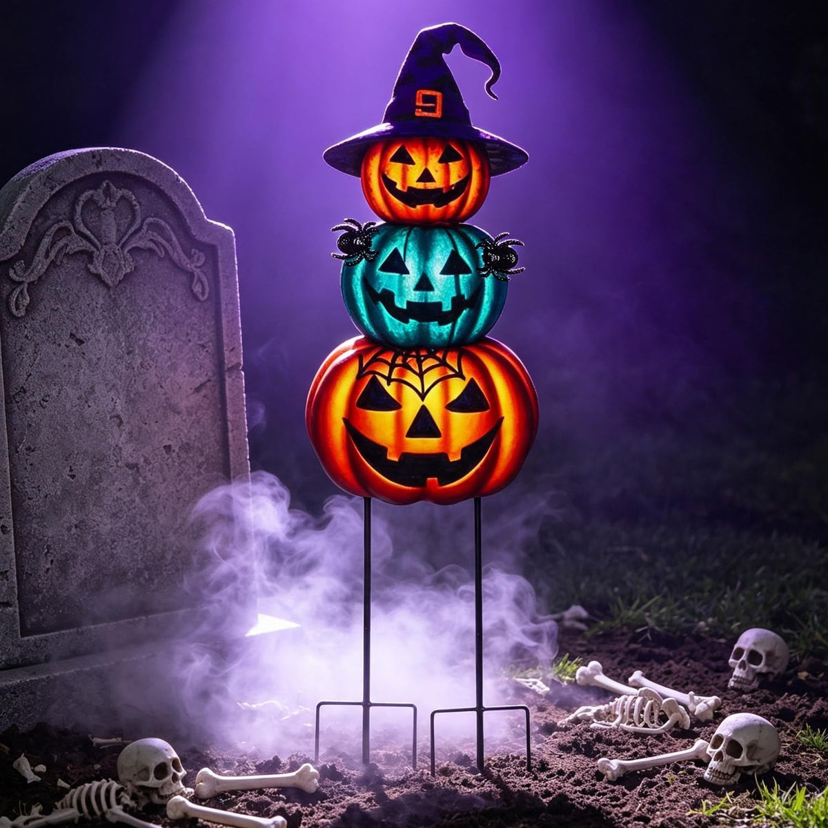 Halloween Yard Stakes Large with Stackable Pumpkins Scary Spiders
