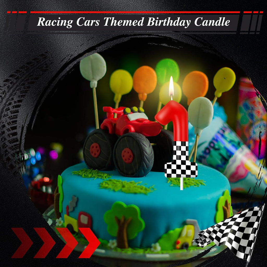 MTLEE Racing Car Themed Birthday Candle Number 1 Red and Checkered Candle Party Decoration Cake Topper for Race Car Party Supplies