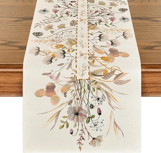 Artoid Mode Wildflower Leaves Floral Fall Table Runner, Autumn Thanksgiving Kitchen Dining Table Decoration for Indoor Outdoor Home Party 13x90 Inch