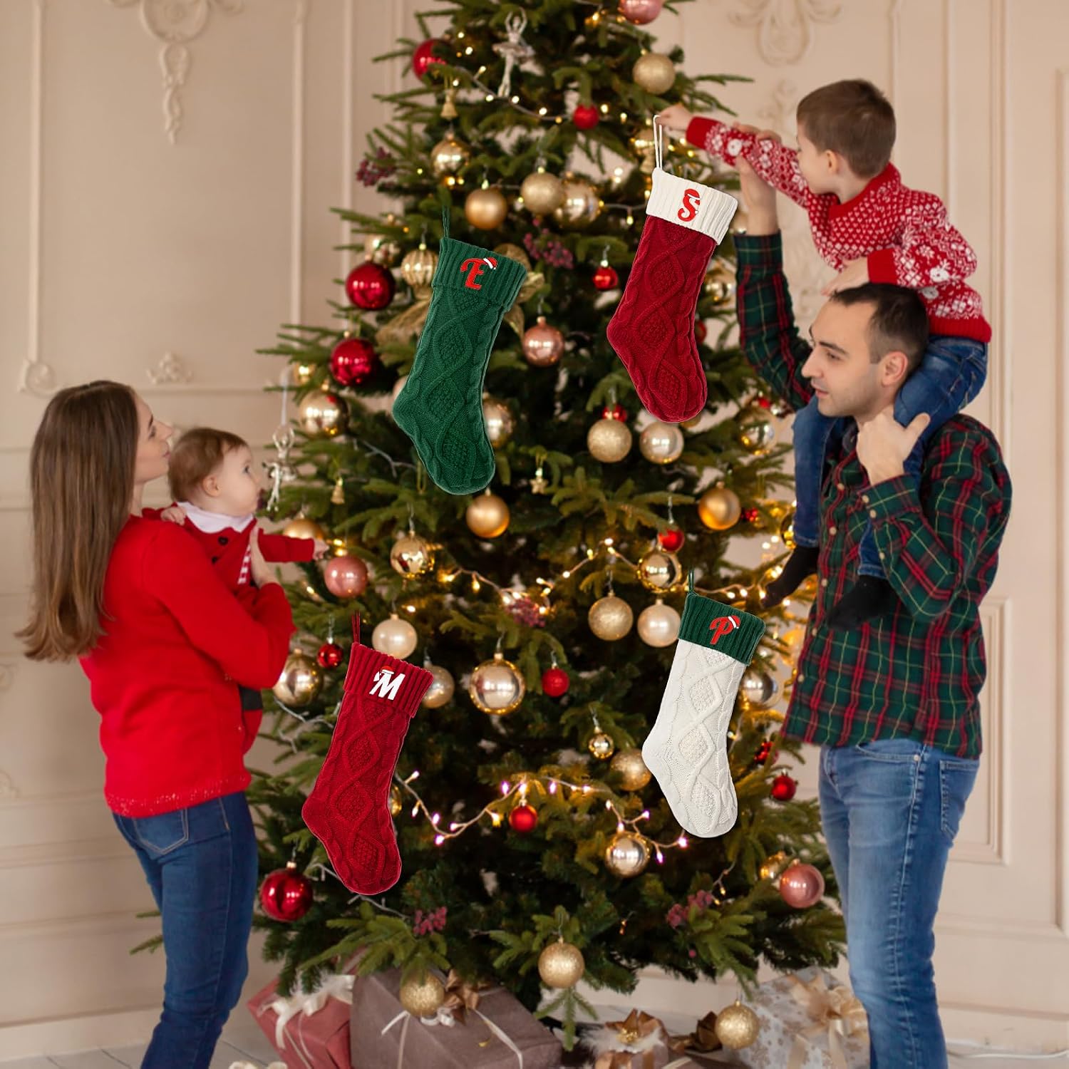 Christmas Stockings with Initials, Personalized Custom 18" Large Embroidered Monogram Knit Kids Xmas Stocking Holiday Party Fireplace Family Hanging Stocking Decoration Red Letter M