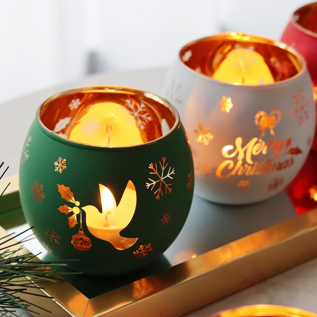 Christmas Votive Candle Holder Set of 6, Red Green White Glass Tealight Holder with 6 Laser Engraving Patterns for Winter Xmas Table Centerpiece Decor