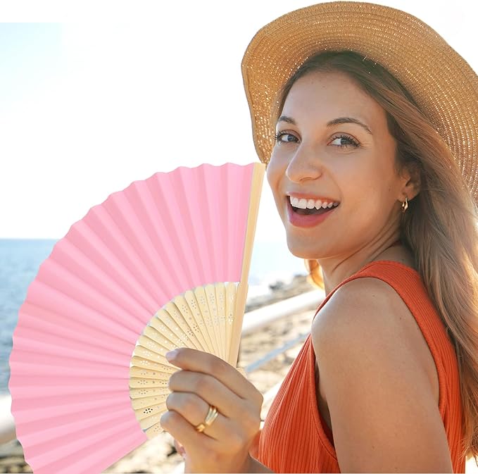 12 Pieces Pink Hand Held Bamboo Folding Fans Paper Fans Handheld for Women Foldable Girls Wedding DIY Decoration Church Home Party Favors Summer