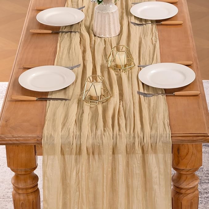 MLMW 4 Pack Champagne Gold Table Runner Cheesecloth Boho Gauze Rustic Cheese Cloth 160 inch Sheer Wedding Table Runner 13.3ft for Thanksgiving Party Baby Bridal Shower Birthday