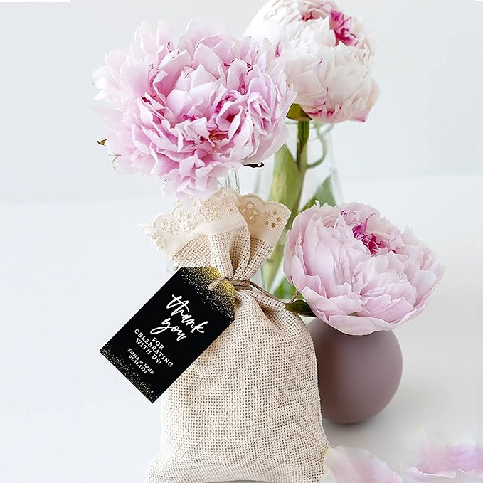 Andaz Press 100-Pack Personalized Thank You for Celebrating with Us Wedding Favor Tags with Bakers Twine Gold Glitter with Black Thank You Tags for Party Favors 2 X 3.75-Inches Custom Thank You Tags