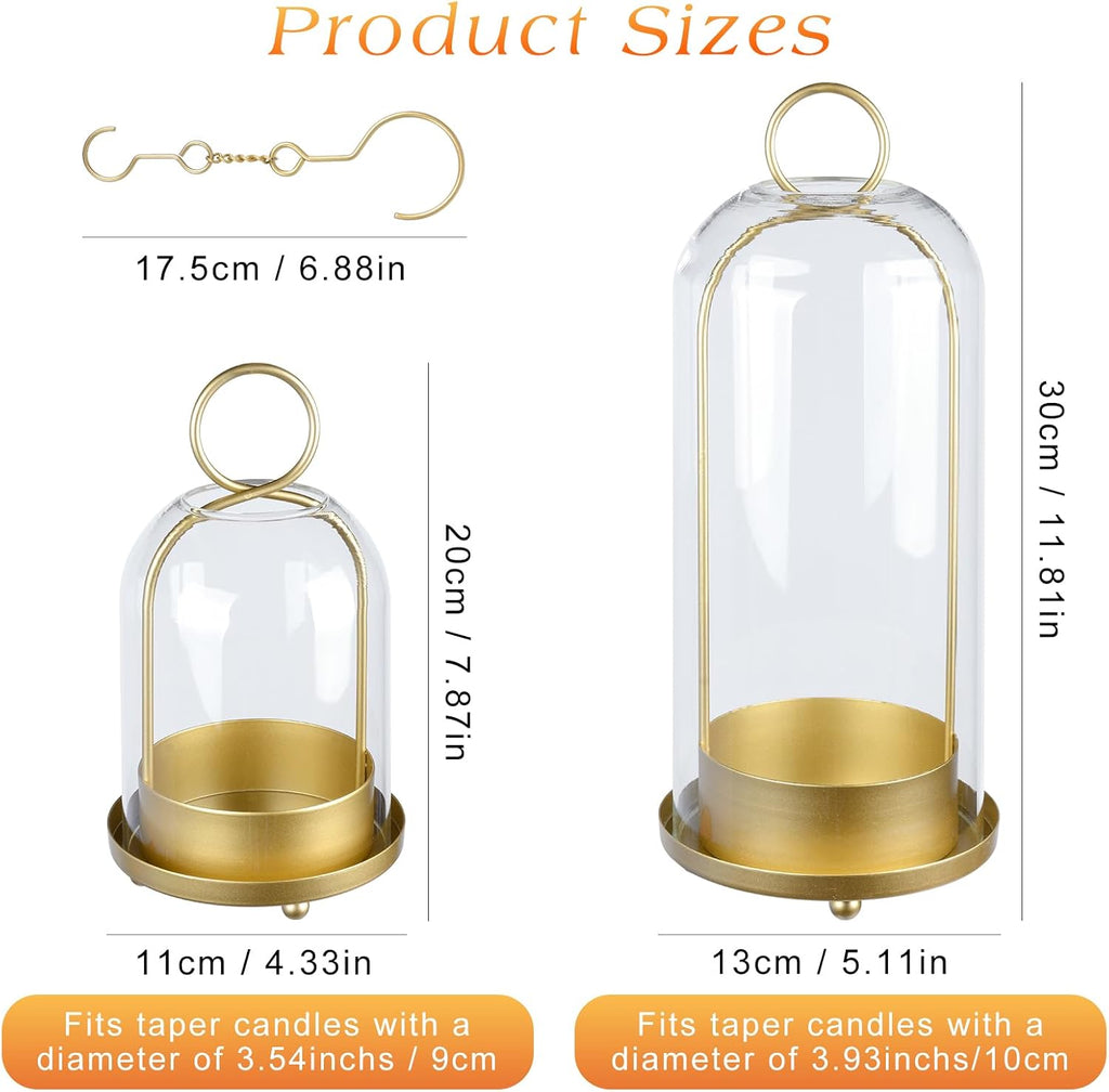 Fohil 5" & 4" Hurricane Glass Candle Holders, Set of 2 Metal Candle Holder with Handmade Sturdy Glass Dome, Candle Lantern for Pillar Candles, Plants, Table Centerpiece, Home Decor