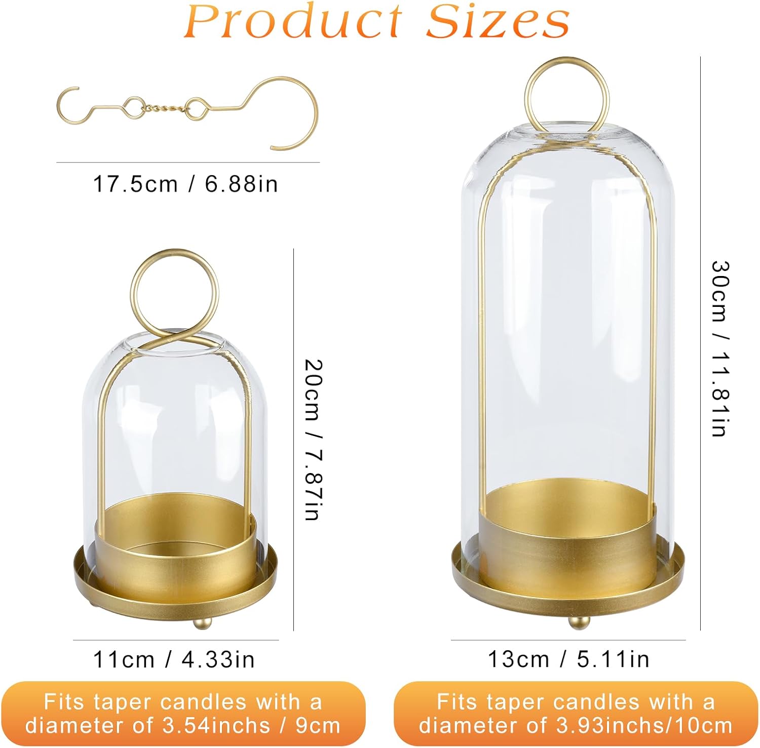 Fohil 5" & 4" Hurricane Glass Candle Holders, Set of 2 Metal Candle Holder with Handmade Sturdy Glass Dome, Candle Lantern for Pillar Candles, Plants, Table Centerpiece, Home Decor