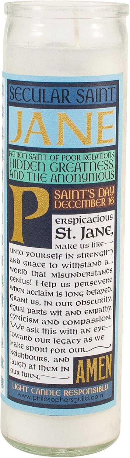 The Unemployed Philosophers Guild Jane Austen Secular Saint Candle - Unscented 8 Inch Tall Glass Prayer Votive, Made in the USA, Vegetarian Wax