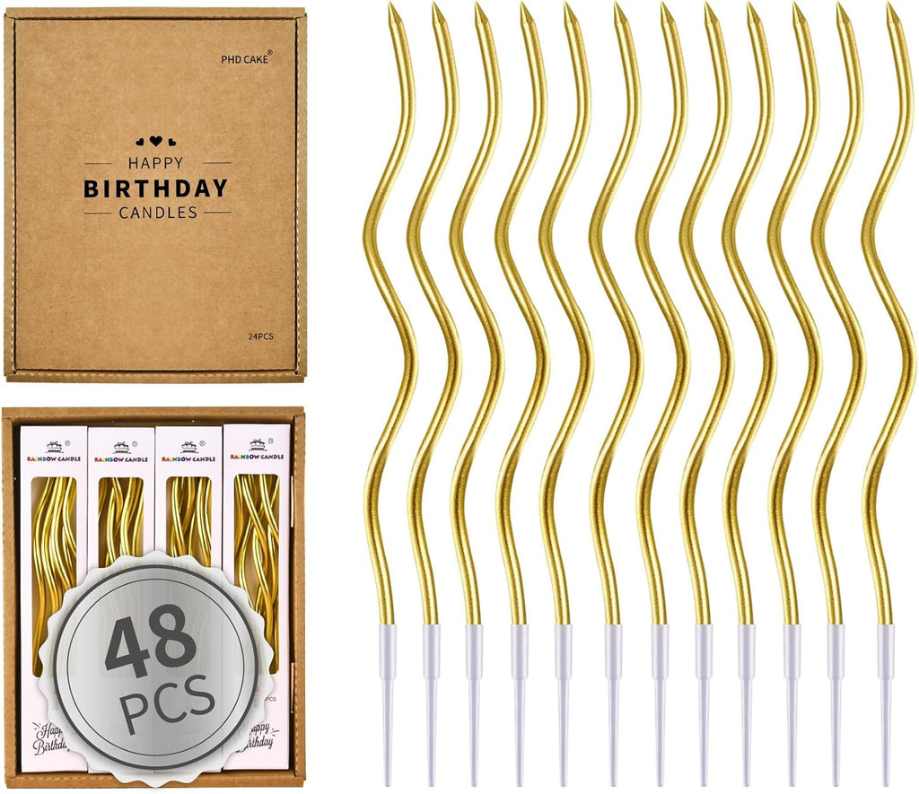 PHD CAKE 48-Count Gold Spiral Long Thin Metallic Birthday Candles, Cake Candles, Birthday Parties, Wedding Decorations, Party Candles