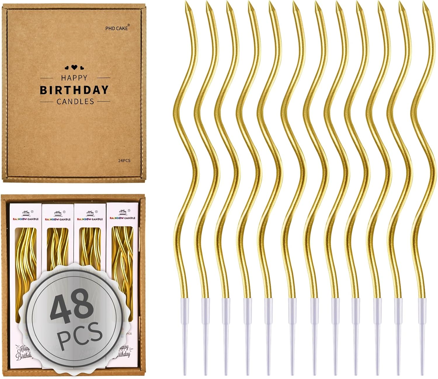 PHD CAKE 48-Count Gold Spiral Long Thin Metallic Birthday Candles, Cake Candles, Birthday Parties, Wedding Decorations, Party Candles