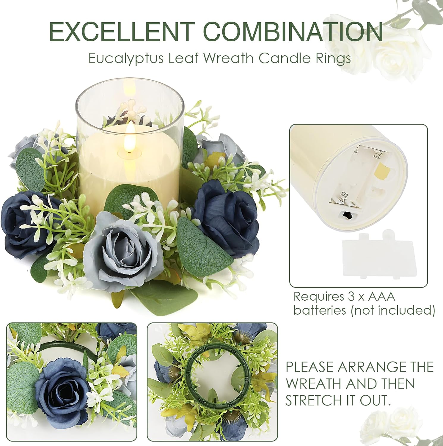 Blue Rose Candle Rings with Flameless Candles Sets - 4PCS Artificial Flower Eucalyptus Wedding Centerpiece 3 Inch Pillar Candleholders Wreaths for Wedding Party Decor (Blue - 2 Sets)