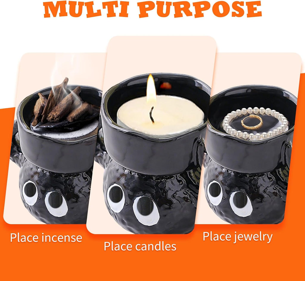 Cute Tealight Candle Holder, Small Cartoon Soot Sprite Ceramic Holders for Candle/Ring/Jewelry for Home Decor, Unique Gifts for Housewarming/Halloween/Thanksgiving/Christmas/Birthday Gift