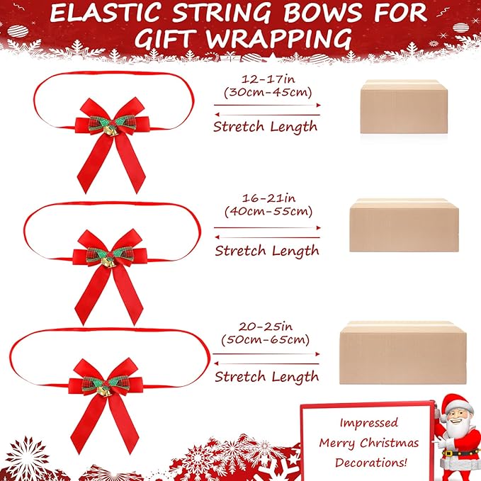 Christmas Bows for Gift Wrapping, 24 Elastic Red Stretch Loops with Bows,3 Sizes Red Bows Ribbon Crafts Perfect Boxes, Party Favors and Weddings