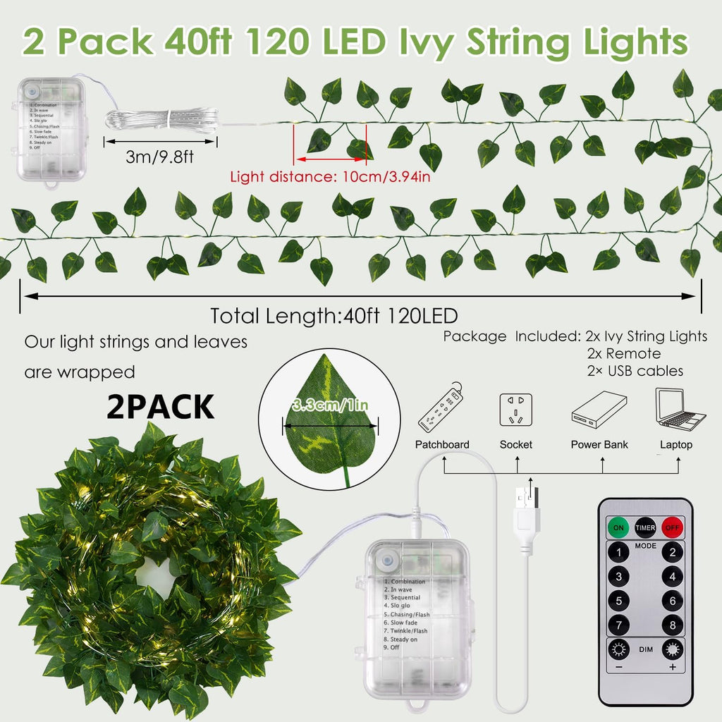 OMIKA Vine with Fairy Lights Battery Operated, 2 Pack 40FT 120LED Pothos String Lights with Remote, Pothos Leaf Lights for Bedroom, Wall, Garden, Party, Wedding Decor(Warm White)