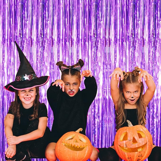 GOER 3.2 ft x 8.2 ft Metallic Tinsel Foil Fringe Curtains Party Photo Backdrop Party Streamers for Halloween Birthday,Graduation,New Year Eve Decorations (3 Packs,Purple)