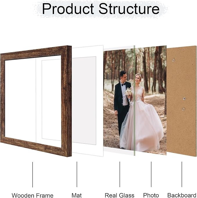 12x12 Picture Frame Set of 4 with Tempered Glass, Rustic Frame Display 10x10 Pictures with Mat or 12 x 12 Without Mat, Wood Square Photo Frames for Desktop Display and Wall Mounting