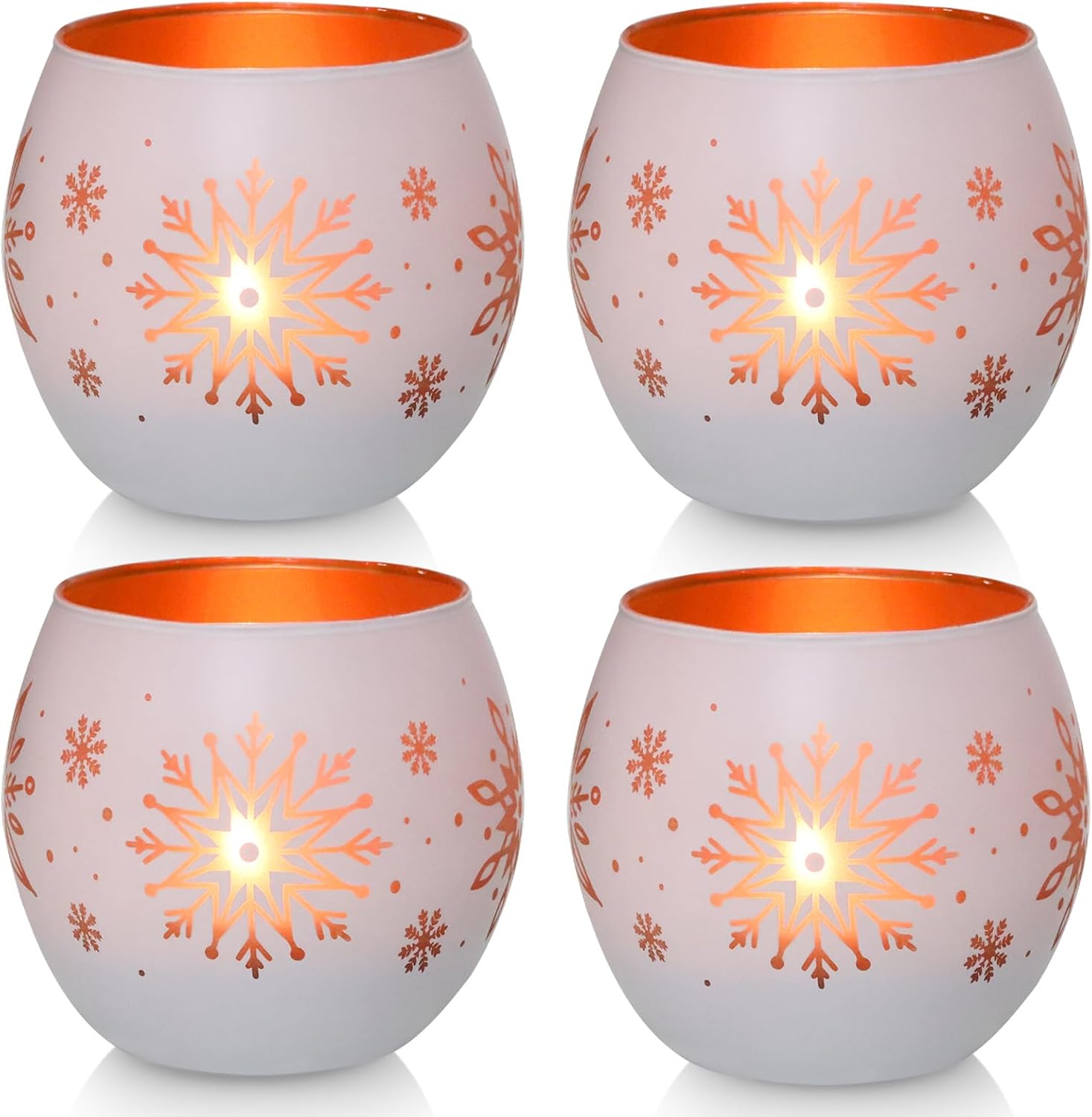 Snowflake Christmas Candle Holders Set of 4, Gold & White Glass Tealight Votive Holders for Winter Decor, Xmas Table Centerpieces, Indoor Christmas Decorations, Ideal