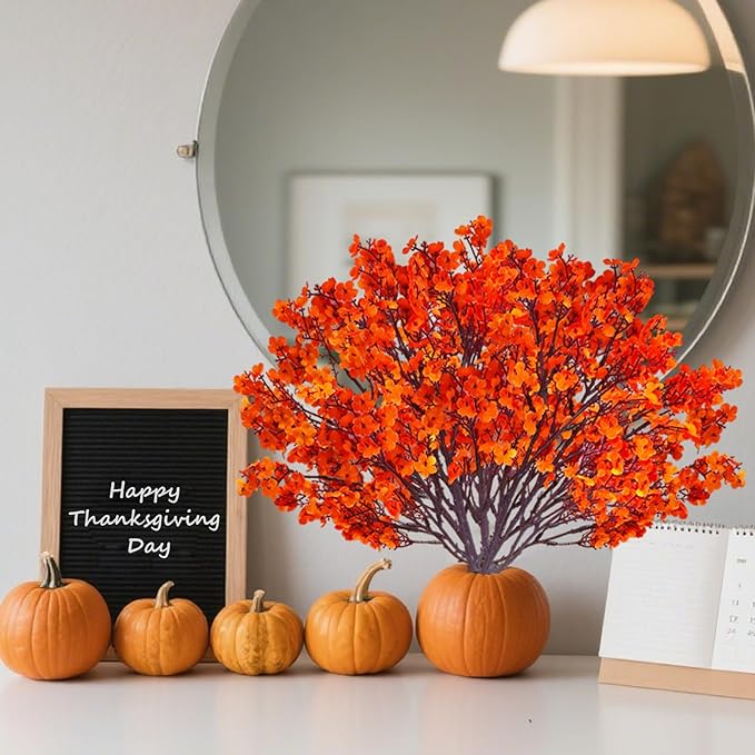 12PCS Fake Fall Flowers Orange Baby Breath Artificial Flowers Real Touch Silk Floral Arrangement Thanksgiving Autumn Table Centerpieces Home Kitchen Decor