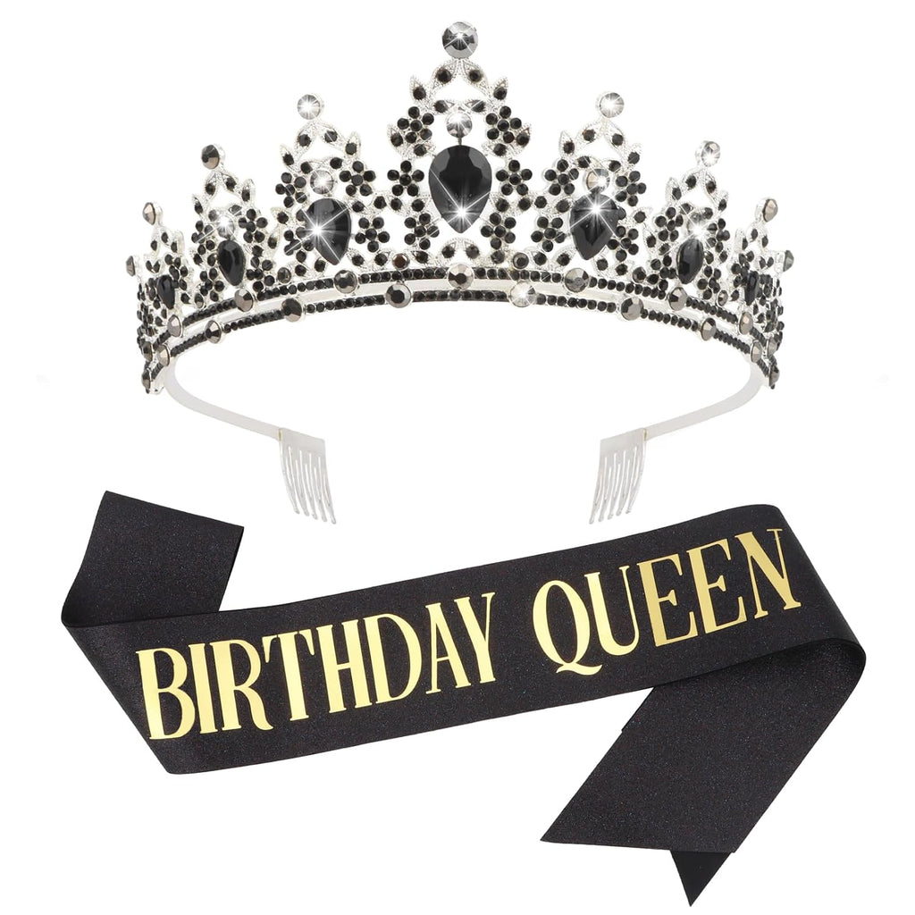 CAVETEE Black Birthday Headband for Women， Birthday Queen Crown and Sash Black Party Decorations for Women