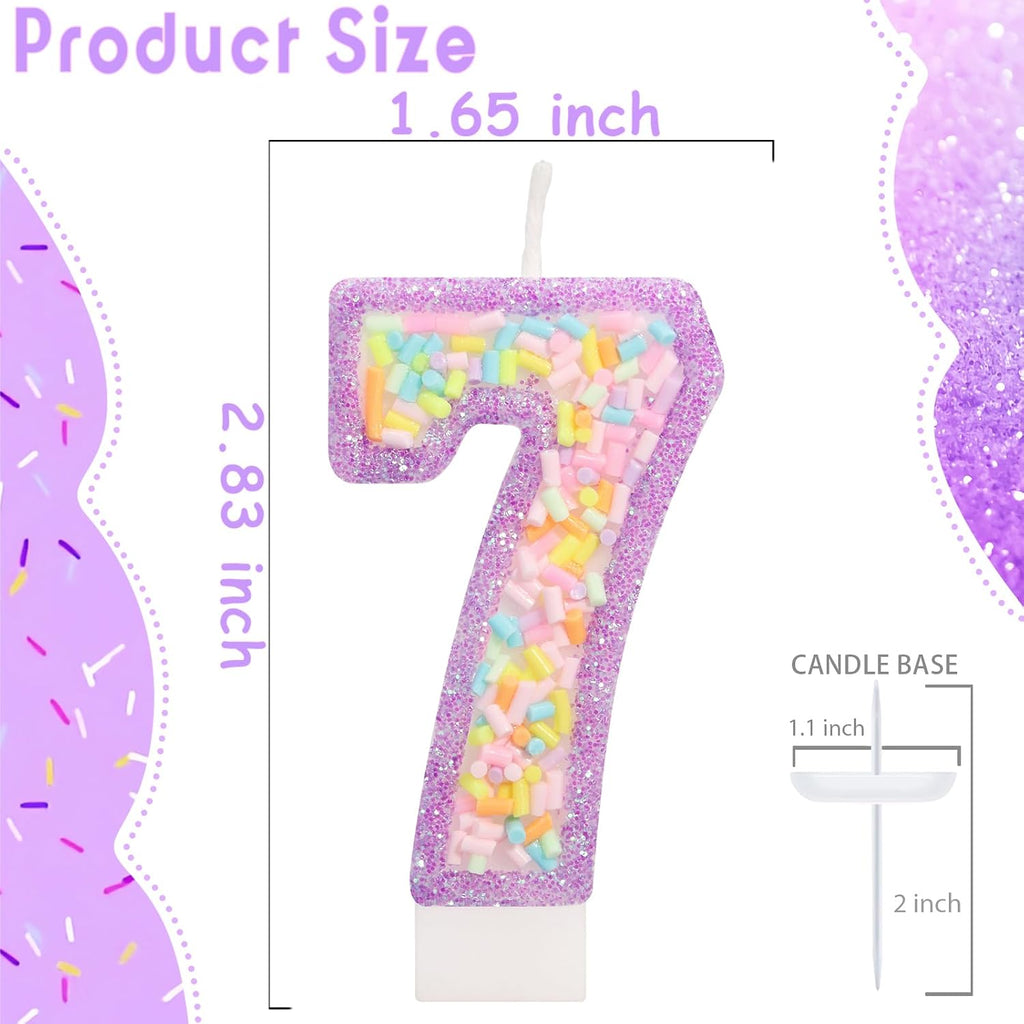 Number 7 Birthday Candle with Sprinkles, Pastel Purple Unicorn Rainbow Cake Topper, Sweet Candyland Party Decorations for Girl Boy 7th Birthday