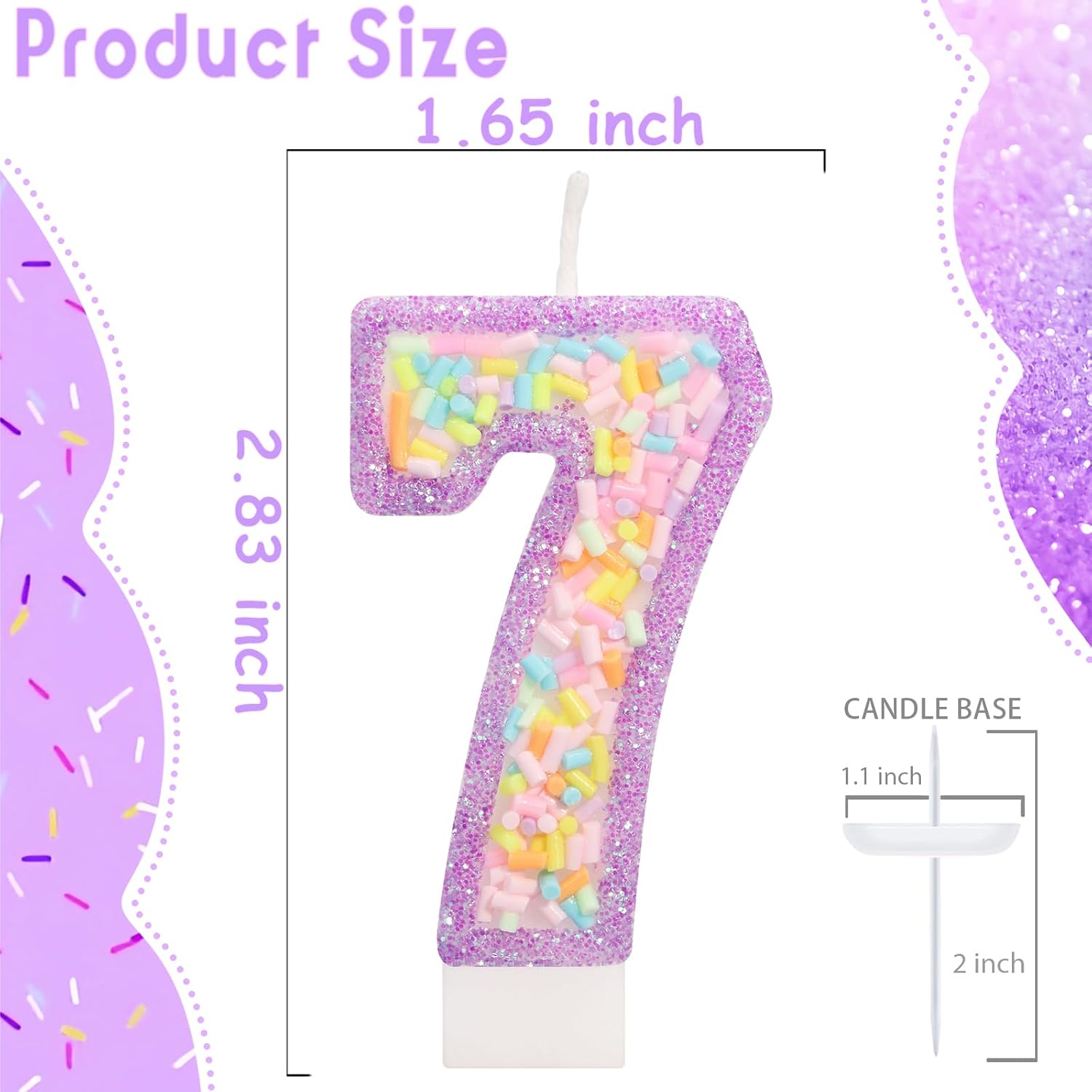 Number 7 Birthday Candle with Sprinkles, Pastel Purple Unicorn Rainbow Cake Topper, Sweet Candyland Party Decorations for Girl Boy 7th Birthday