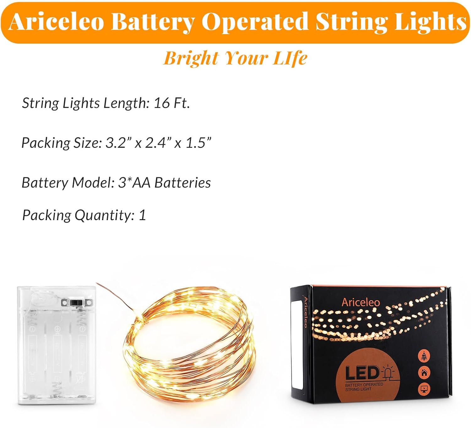 Ariceleo Led Fairy Lights Battery Operated, 1 Pack Mini Battery Powered Copper Wire Starry Fairy Lights for Bedroom, Christmas, Parties, Wedding, Centerpiece, Decoration (5m/16ft Warm White)