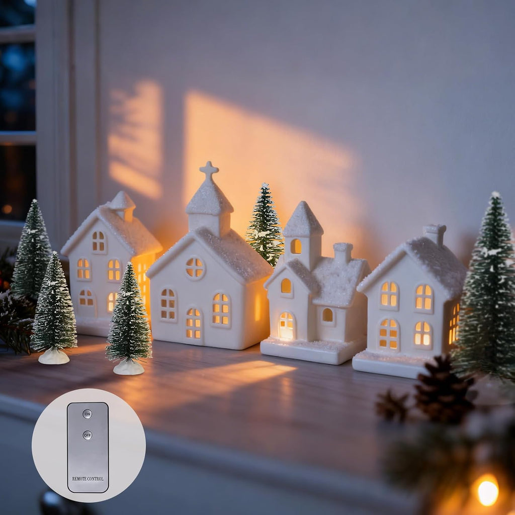 light up christmas village set of 4 lighted shown in use