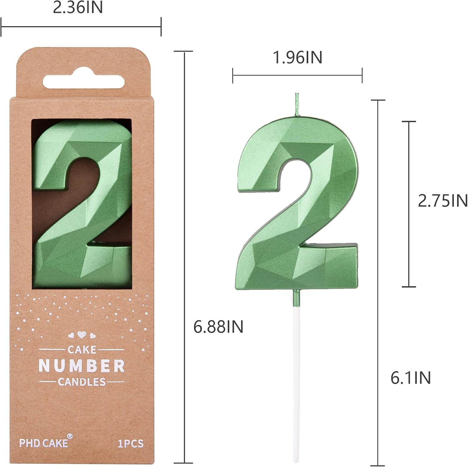 PHD CAKE 2.76 Inch Crystal Green 2 Number Cake Candle, Numeral Birthday Candles, Green Number Candles, Party Celebration