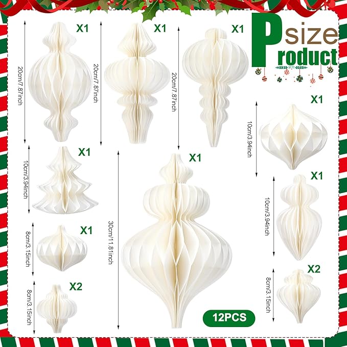 Cinnvoice 16 Pcs White Paper Snowflake Decorations 12 Pcs Christmas Paper Honeycomb Balls Ornaments Xmas Hanging Decorations Birthday Party Supplies for Christmas Tree Winter Party Wonderland