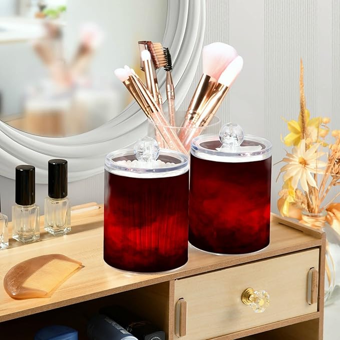 Gredecor 4 Pack Qtip Holder Clear Red Apothecary Jars with Lids Plastic Acrylic Bathroom Jars Vanity Countertop Canister Storage Organizer for Cotton Ball,Swabs,Pads,Floss